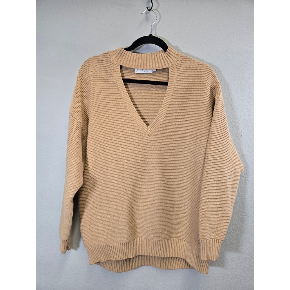 Petal + Pup Ribbed Knit Choker V-Neck Oversized Pullover Sweater Tan US 6